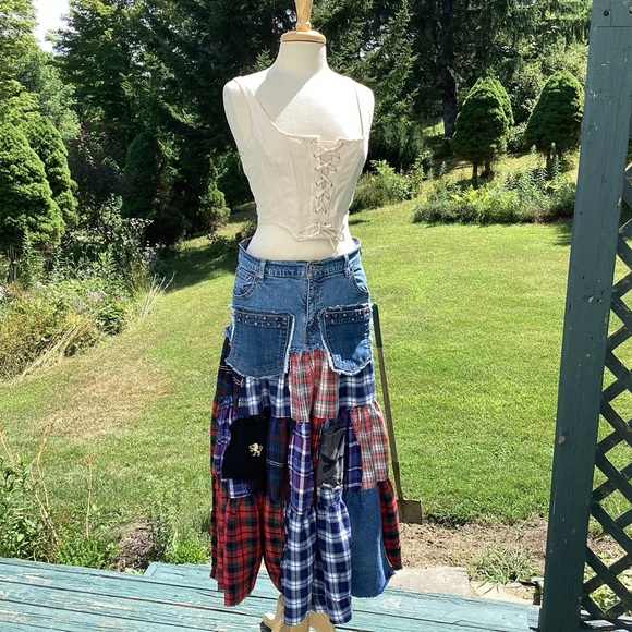 Boho tiered plaid flannel patchwork attached to Levi jean upcycled maxi skirt M - Picture 1 of 14